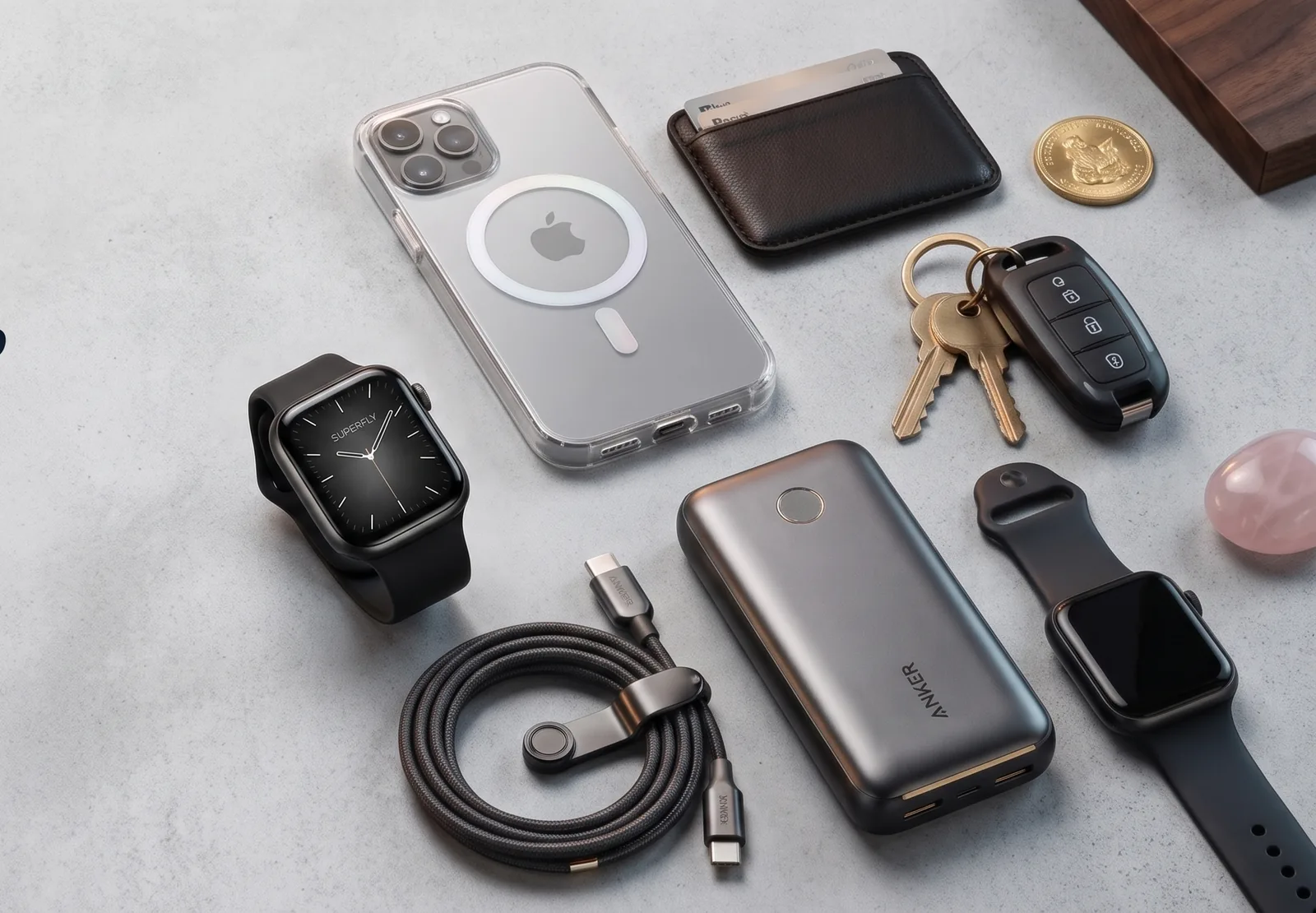 Phone case, smartwatches, power bank, braided cable, wallet and keys on a stone surface